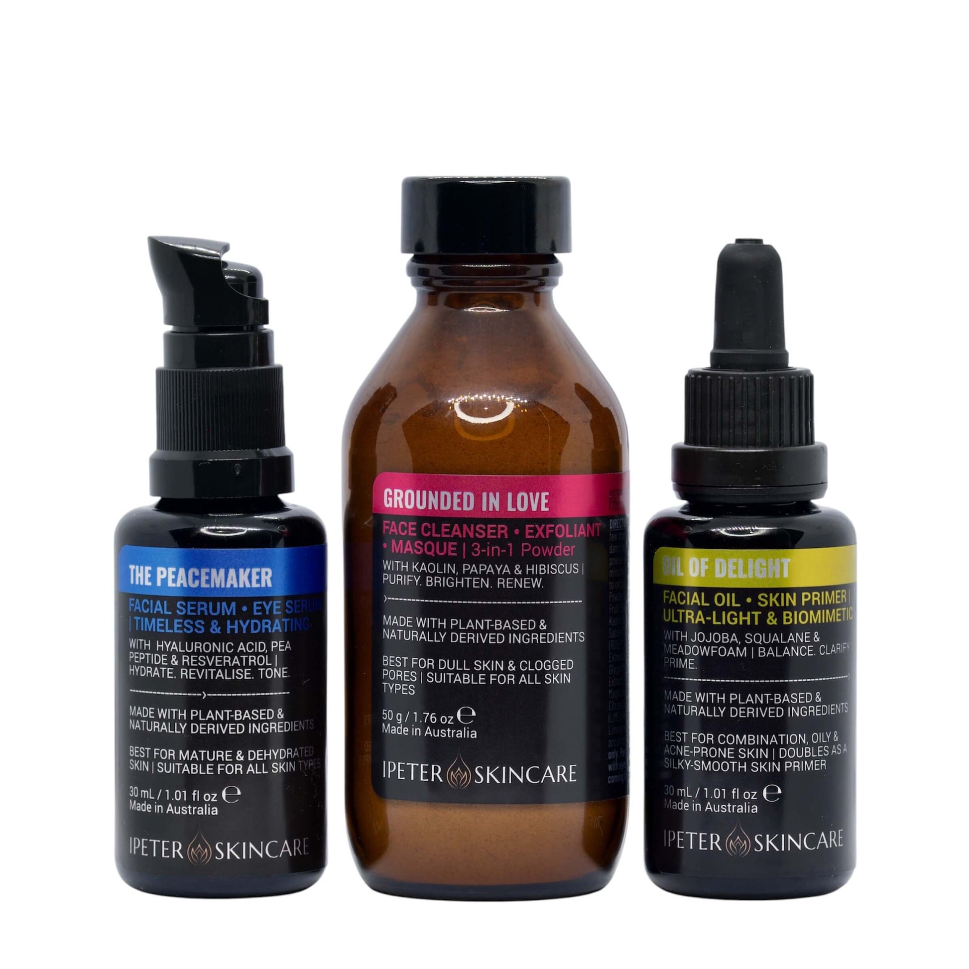 three product bottles of ipeter skincare